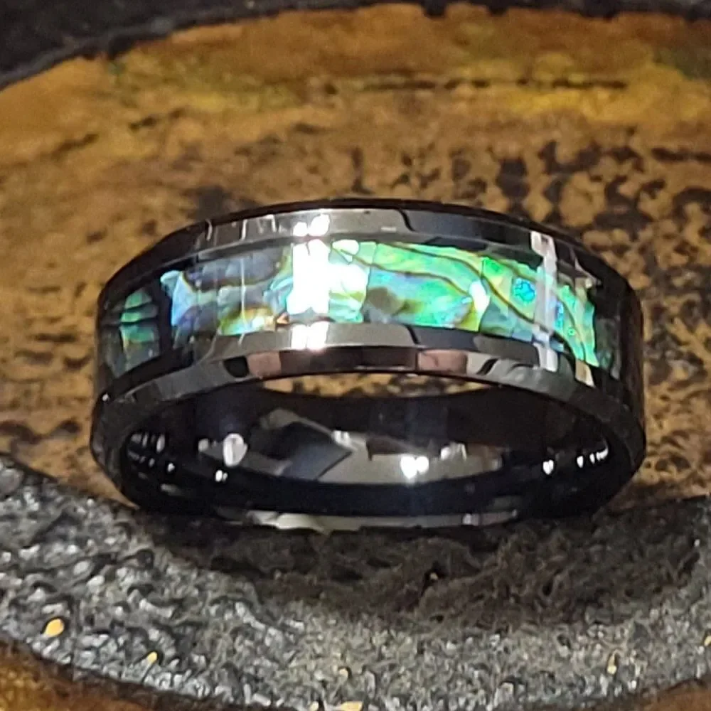 Men's Real Black Tungsten Wedding Ring With Abalone Shell Inlay
